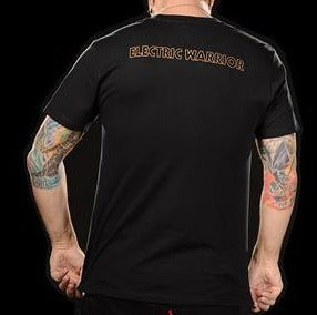 backside of t.rex band shirt with text that reads "electric warrior"