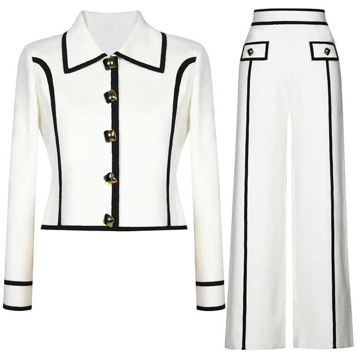 Tailored Button-Up Contrast-trim Cardigan Pants Suit With Collar