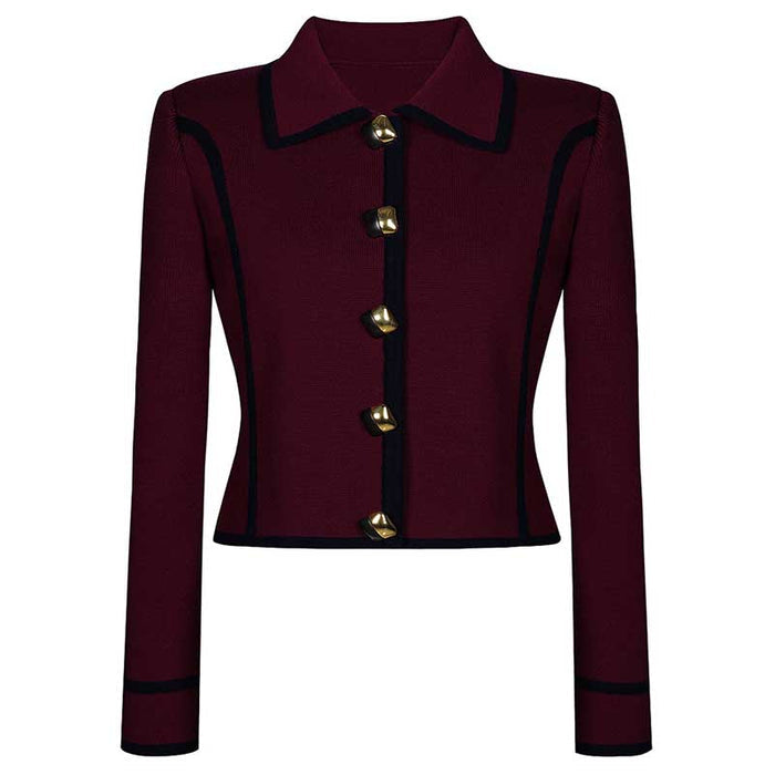Tailored Button-Up Contrast-trim Cardigan Pants Suit With Collar