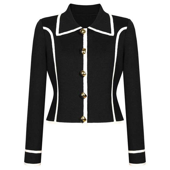 Tailored Button-Up Contrast-trim Cardigan Pants Suit With Collar