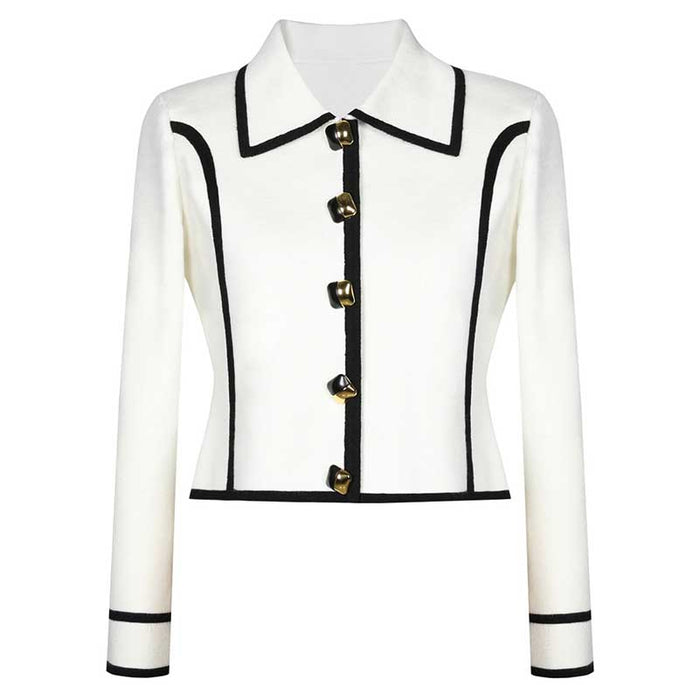 Tailored Button-Up Contrast-trim Cardigan Pants Suit With Collar
