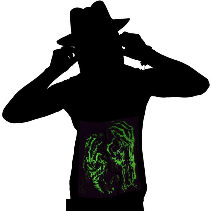 model showing front of shirt glowing in the dark