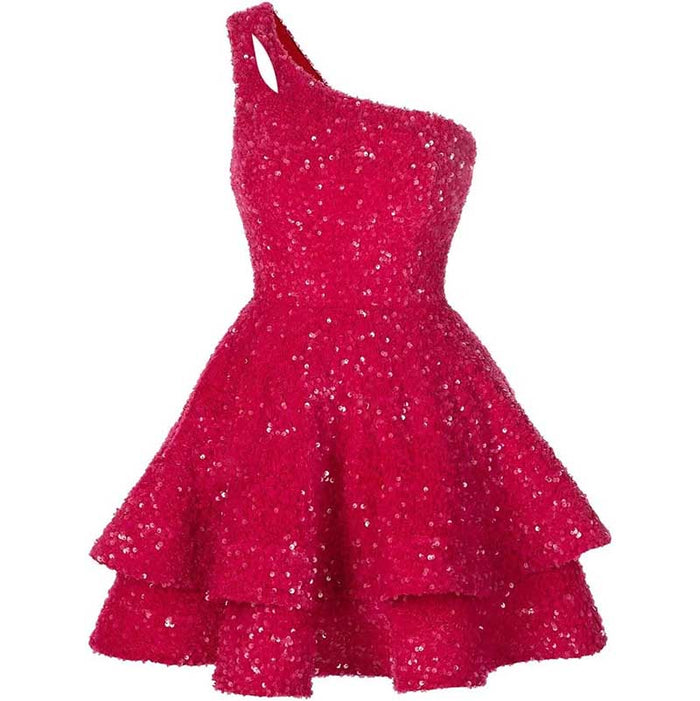 Teens One Shoulder Sequin Homecoming Dresses Short Sparkly Layered Cocktail Gowns