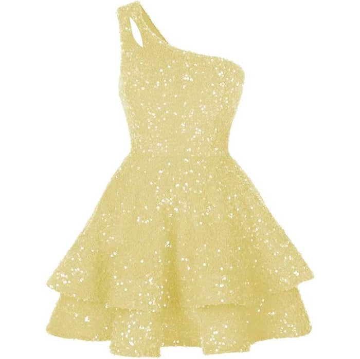 Teens One Shoulder Sequin Homecoming Dresses Short Sparkly Layered Cocktail Gowns