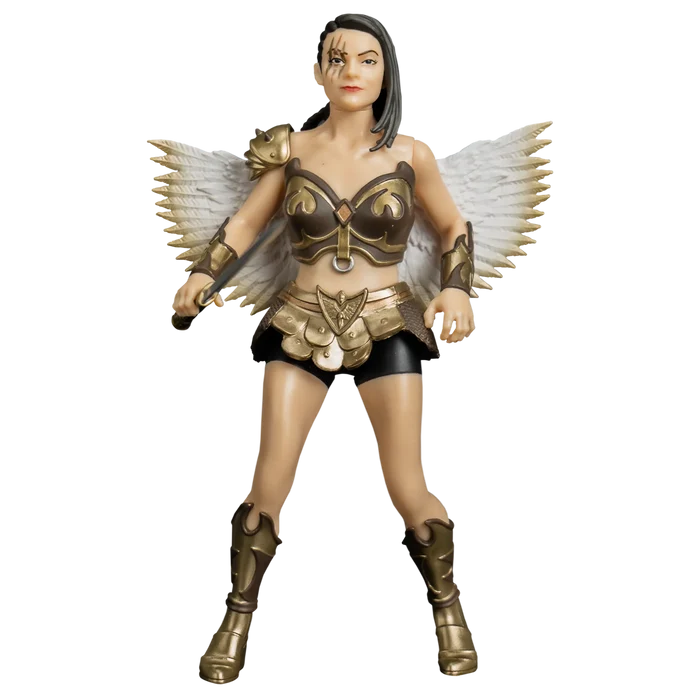 Action figure with angelic costume and wings on a white background