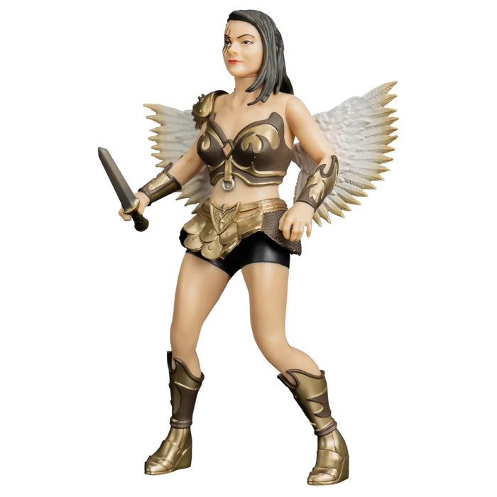Action figure with angelic attire and sword on a white background