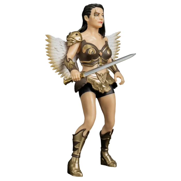 Figure of a warrior with wings holding a sword on a white background