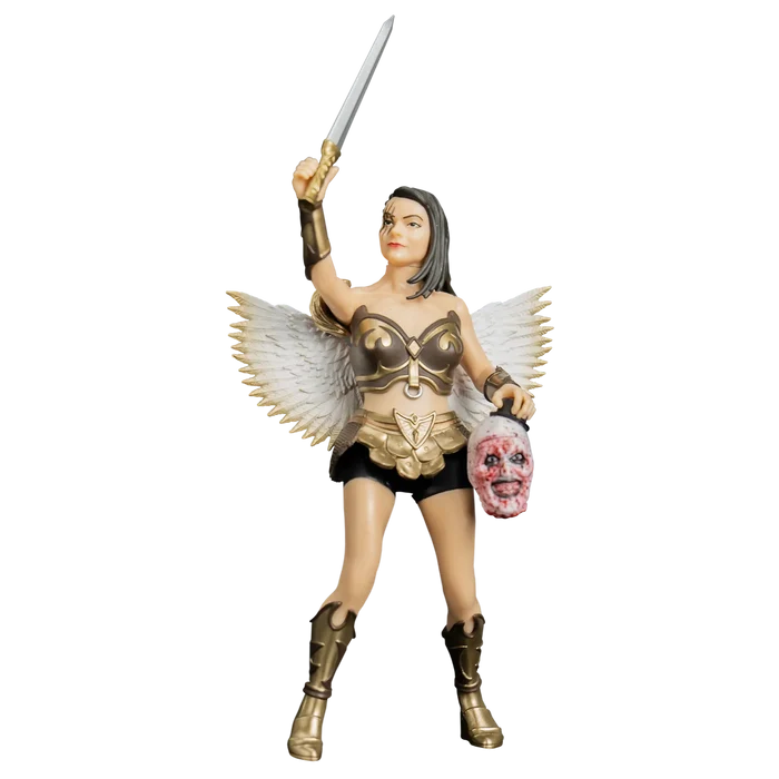 Figure with angelic attire holding a sword and a clown head on a white background