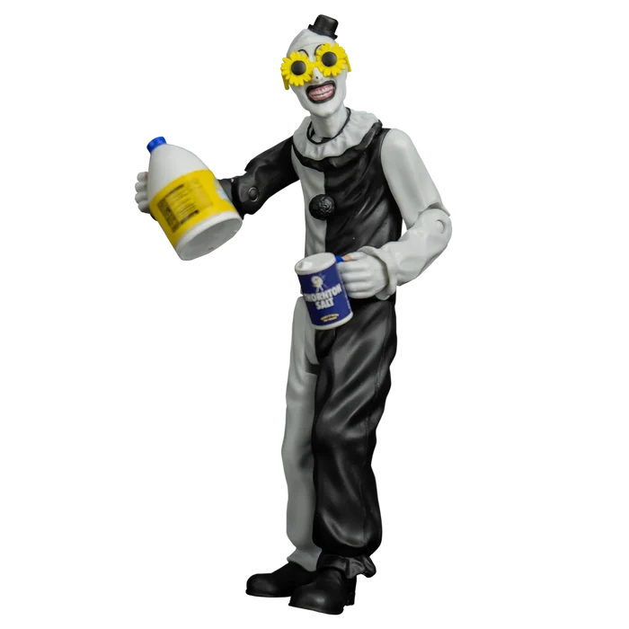 Clown figurine holding cleaning supplies on a white background