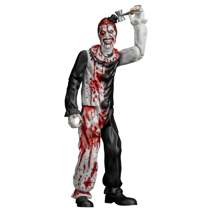 Action figure of a clown with bloodstains holding an axe on a white background