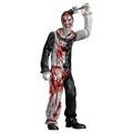 Action figure of a clown with bloodstains holding an axe on a white background