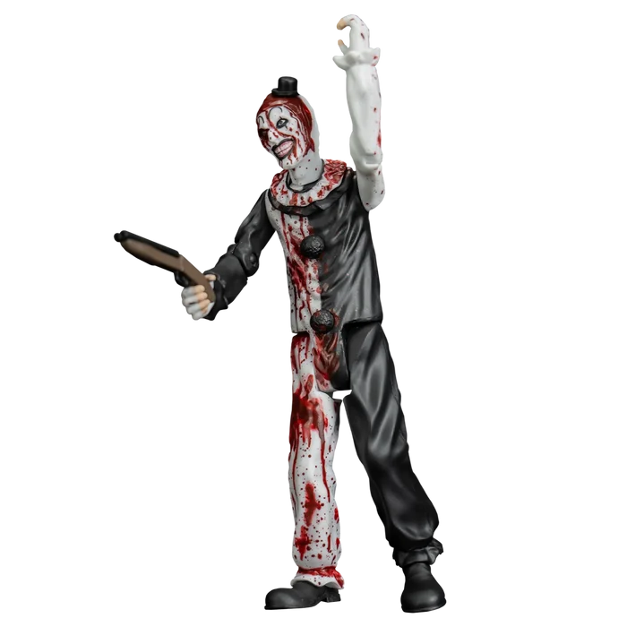Action figure of a clown with bloodstains holding a gun on a white background