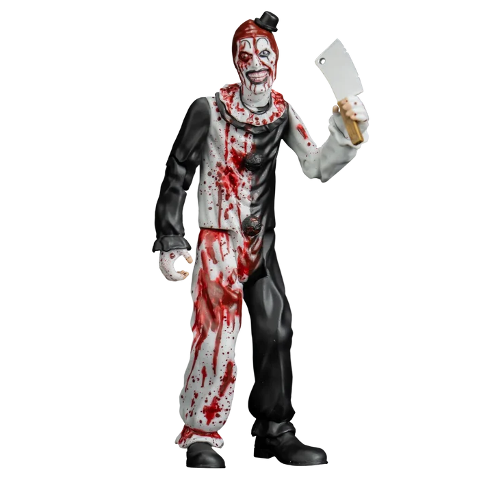 Action figure of a clown with bloodstains holding a knife on a white background