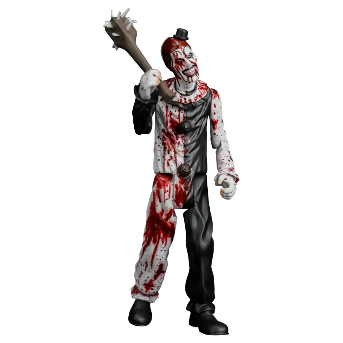 Action figure of a clown with bloodstains holding a mace on a white background
