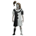 Figure in a clown costume with black and white dress on a white background