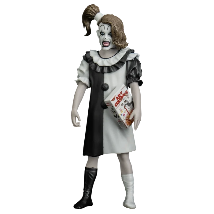 Figure in a clown costume with black and white dress on a white background