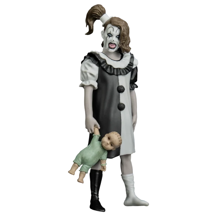 Figure in a clown costume with black and white dress on a white background