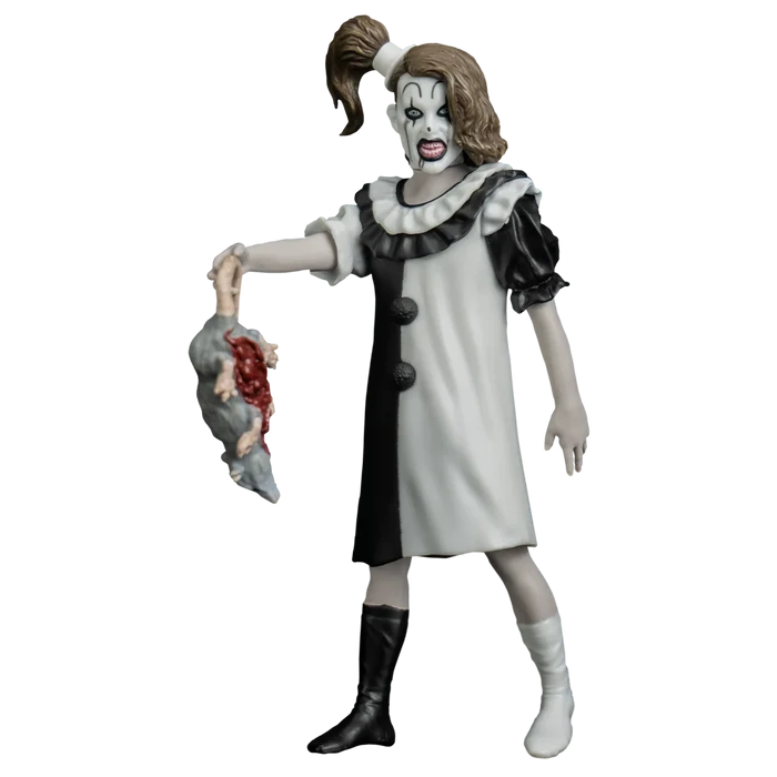 Figure in a clown costume with black and white dress on a white background