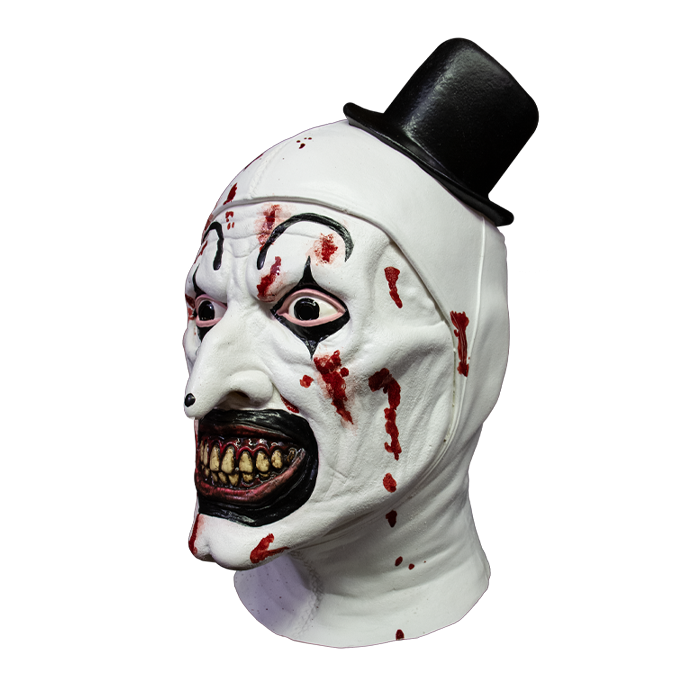 art the clown mask with black top hat, face paint and blood spatter