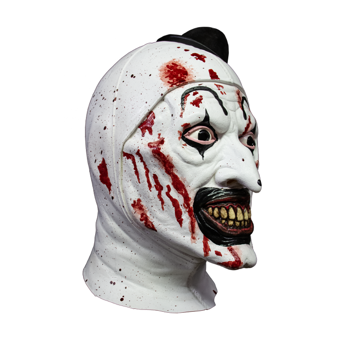 art the clown mask with black top hat, face paint and blood spatter