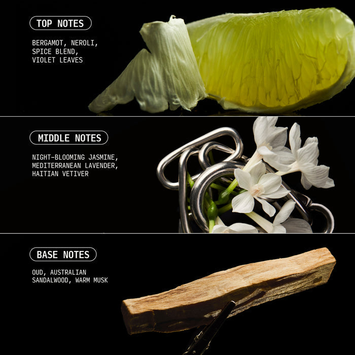 Fragrance ingredient notes displayed with yellow citrus, white flowers, and sandalwood wood samples on black background.