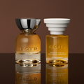 Two bottles of Cecred hair product: a polished chrome-topped fragrance bottle and a nourishing hair oil bottle with white app