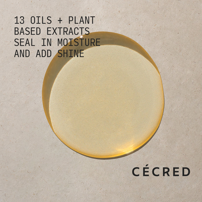 Cécred Nourishing Hair Oil golden droplet swatch with 13 Oils + Plant Based Extracts Seal in Moisture and Add Shine claim text against a warm neutral textured background