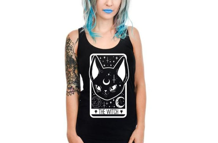 women's Black tank top with black cat with half moon on head, tarot card design with text on the bottom that reads "the witch"