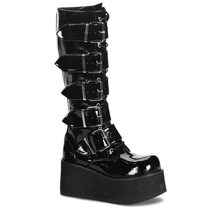 outer view of black vinyl patent shiny 3 1/4" platform Goth punk style knee high boot with 5 adjustable buckle straps from top to bottom with full inner side zipper