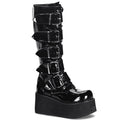 outer view of black vinyl patent shiny 3 1/4" platform Goth punk style knee high boot with 5 adjustable buckle straps from top to bottom with full inner side zipper