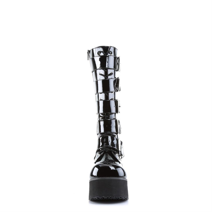 front side view of black vinyl patent shiny 3 1/4" platform Goth punk style knee high boot with 5 adjustable buckle straps from top to bottom with full inner side zipper