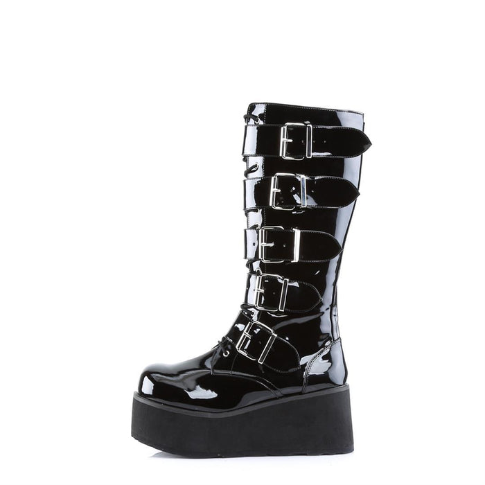 outer side view of black vinyl patent shiny 3 1/4" platform Goth punk style knee high boot with 5 adjustable buckle straps from top to bottom with full inner side zipper
