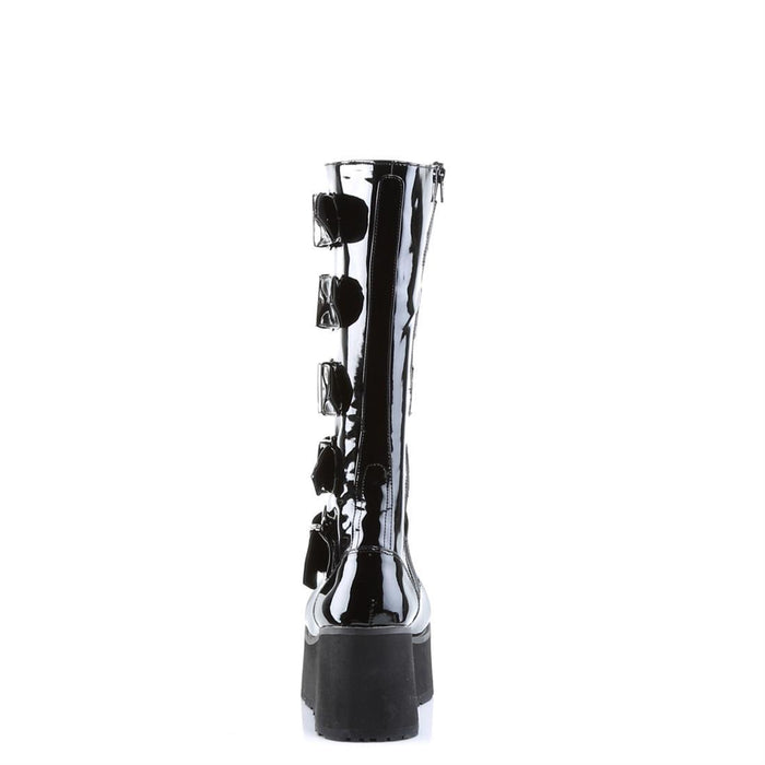 back side view of black vinyl patent shiny 3 1/4" platform Goth punk style knee high boot with 5 adjustable buckle straps from top to bottom with full inner side zipper