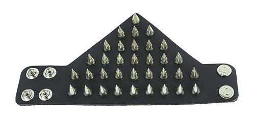 Triangular small black leather gauntlet bracelet with silver cone spikes.