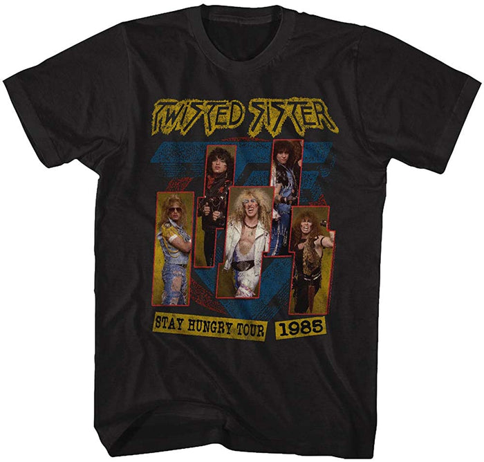 black band shirt with twisted sister logo and full band graphic with text that reads "stay hungry tour 1985"