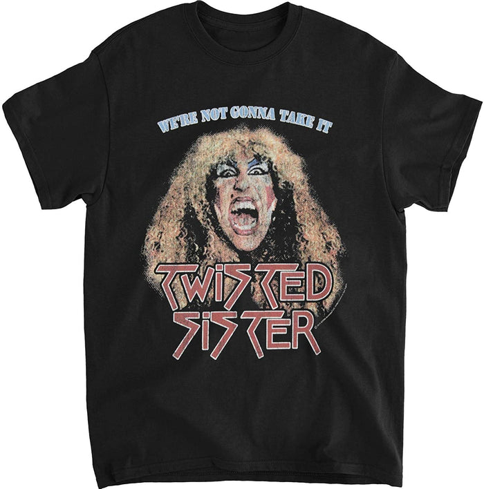 black band shirt with twisted sister logo and dee snider graphic with text that reads "we're not gonna take it"