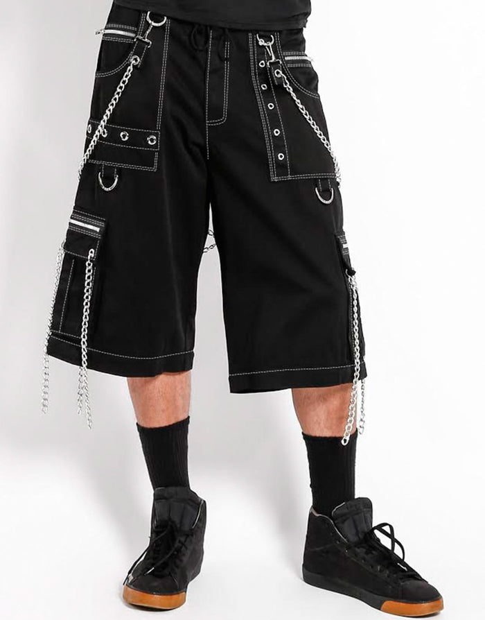 front view of Black baggy Tripp pants with pant legs zipped off into shorts.