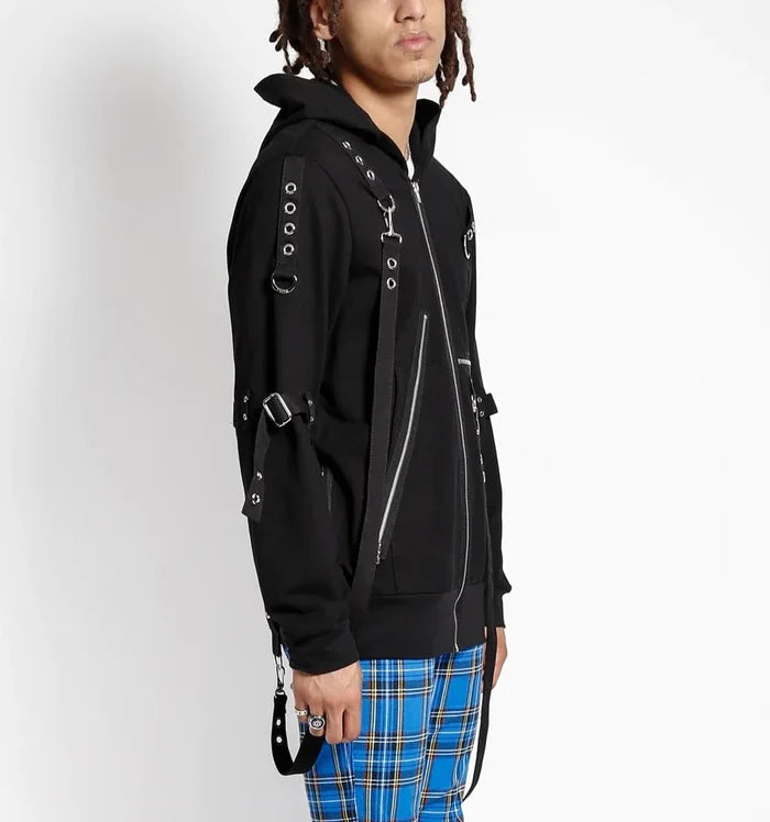 model showing side of hoodie