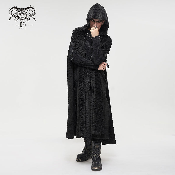 model showing front of cloak with hood pulled up