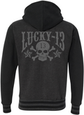 back of Lucky 13 charcoal gray heather black zip-up hooded sweatshirt has jacquard ribbing at cuffs and waistband and gunmetal eyelets. Hoodie has classic "Skull Stars" logo in grey (tonal) on the back with the skull stars embroidered patch (also tonal in dark charcoal) on the front left chest.