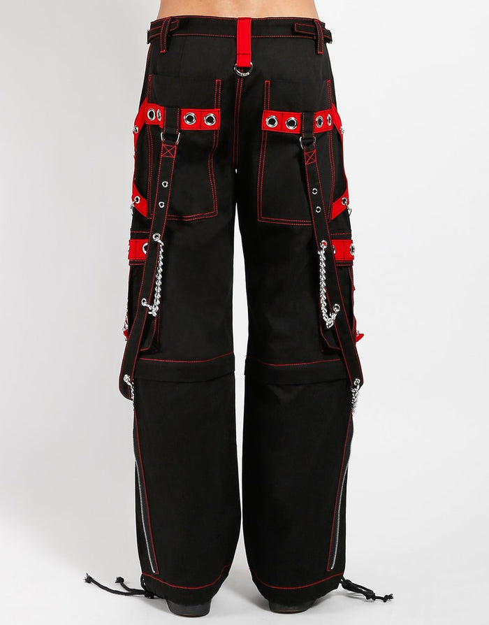 back of Black and red pants feature red stitching, removable straps, adjustable ankles, D-rings, clasps, and deep pockets.