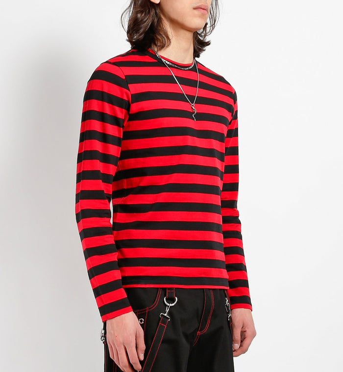 side of Soft cotton black and red striped shirt, with a classic crew neck.
