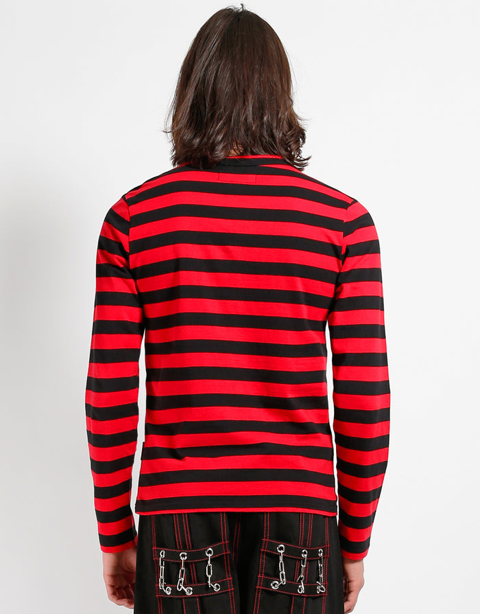 back of Soft cotton black and red striped shirt, with a classic crew neck.