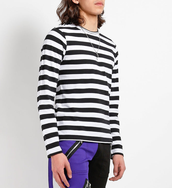 side of Soft cotton black and white striped shirt, with a classic crew neck.