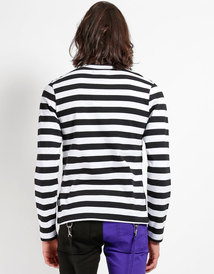 back of Soft cotton black and white striped shirt, with a classic crew neck.