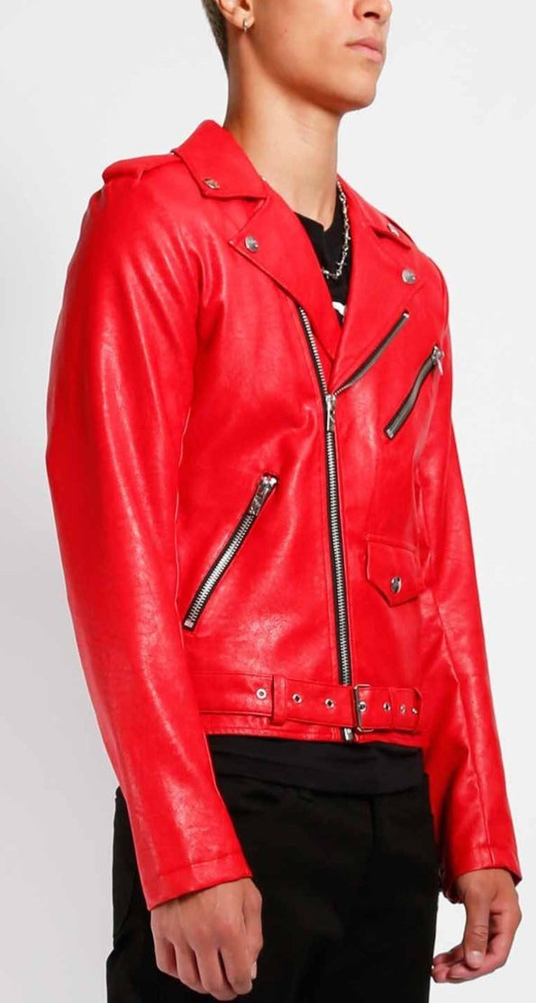 side of Classic motorcycle jacket in soft red vegan leather. Features four pockets, skull snaps, and a belted waist for the perfect fit.