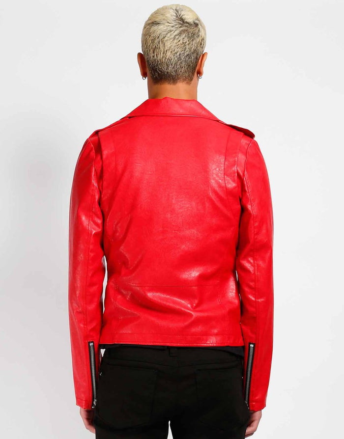 back of Classic motorcycle jacket in soft red vegan leather. Features four pockets, skull snaps, and a belted waist for the perfect fit.