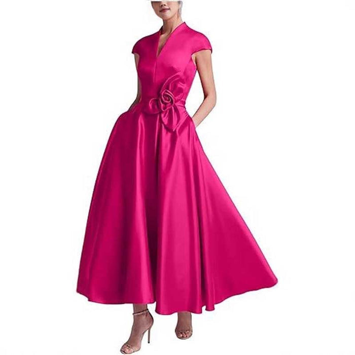 V-Neck Midi Dress with 3D Flower Detail | Satin Cocktail Party & Evening Gown
