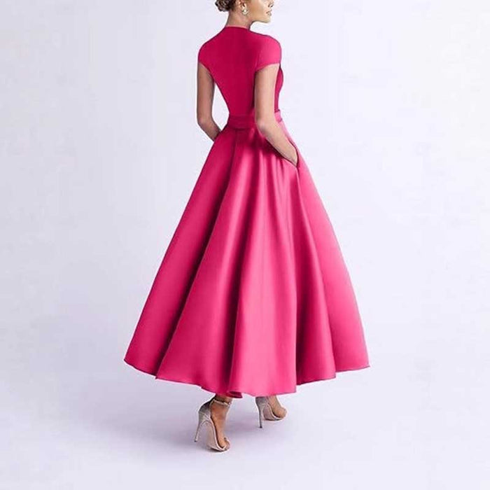 V-Neck Midi Dress with 3D Flower Detail | Satin Cocktail Party & Evening Gown