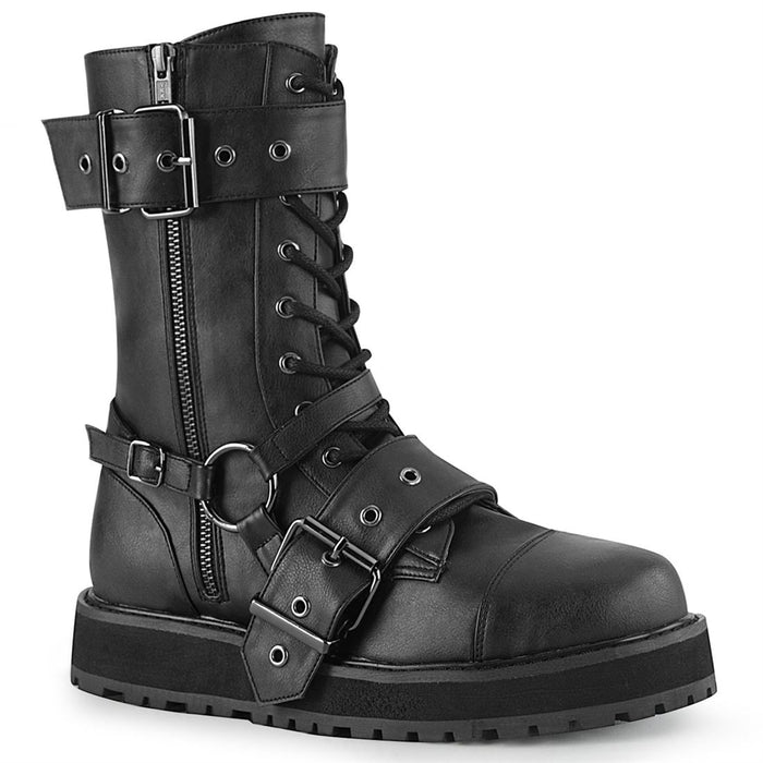 outer side view of black vegan leather 1 1/2" platform Lace-up front With harness strap on the side, Ornamental metal zipper at the outer side with 2 buckle straps. And inside metal zip closure